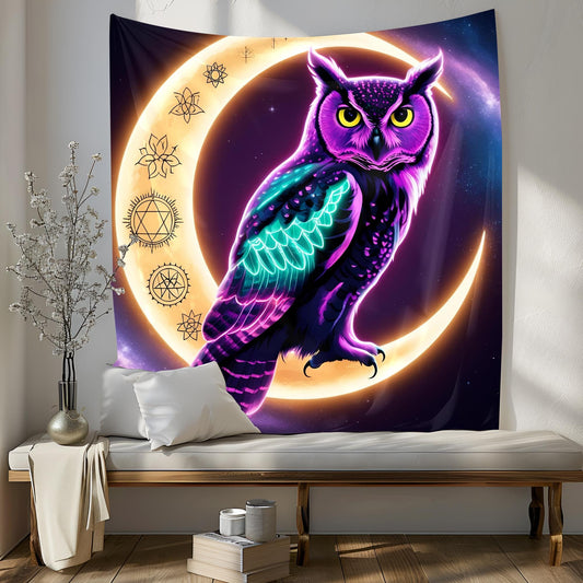 Neon Owl on Crescent Moon Tapestry, Glowing Feathers & Sacred Symbols, Celestial Cosmic Dust Wall Art,Trippy Tapestry, Psychdelic Decor