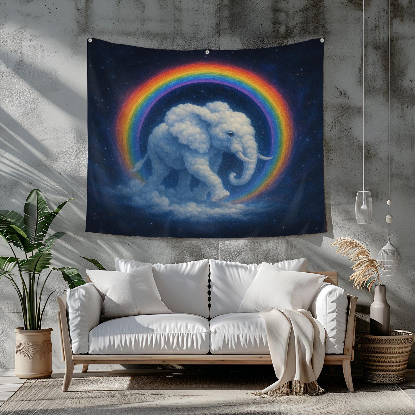 Rainbow Elephant Tapestry Wall Hanging, Dreamy Cloud Elephant Art For Kids Room Or Nursery, Whimsical Boho Decor Gift For Animal Lovers
