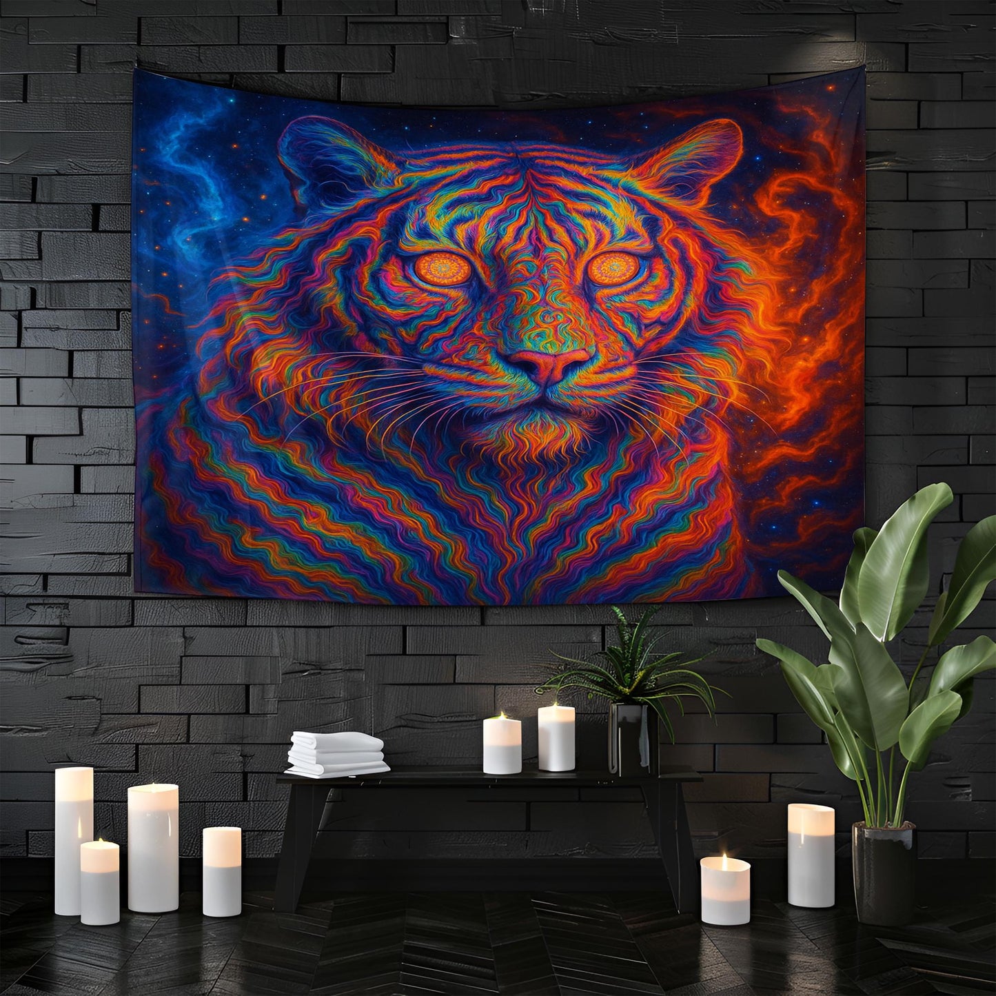 Psychedelic Tiger Tapestry, Trippy Neon Wall Art, Vibrant Jungle Decor, Boho Dorm Room Hanging, Cosmic Big Cat Gift, Festival Vibes