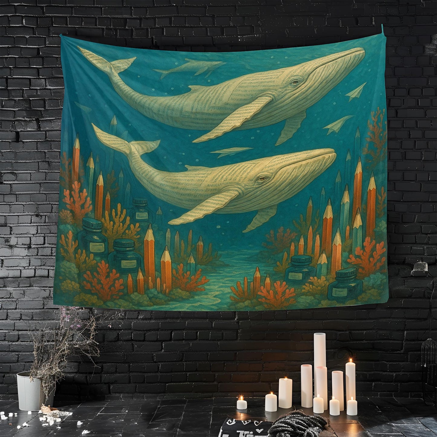 Book Page Whales Tapestry, Surreal Underwater Scene With Pencil Coral Reefs And Ink Sea, Dreamy Literary Wall Art, Gift For Book Lovers