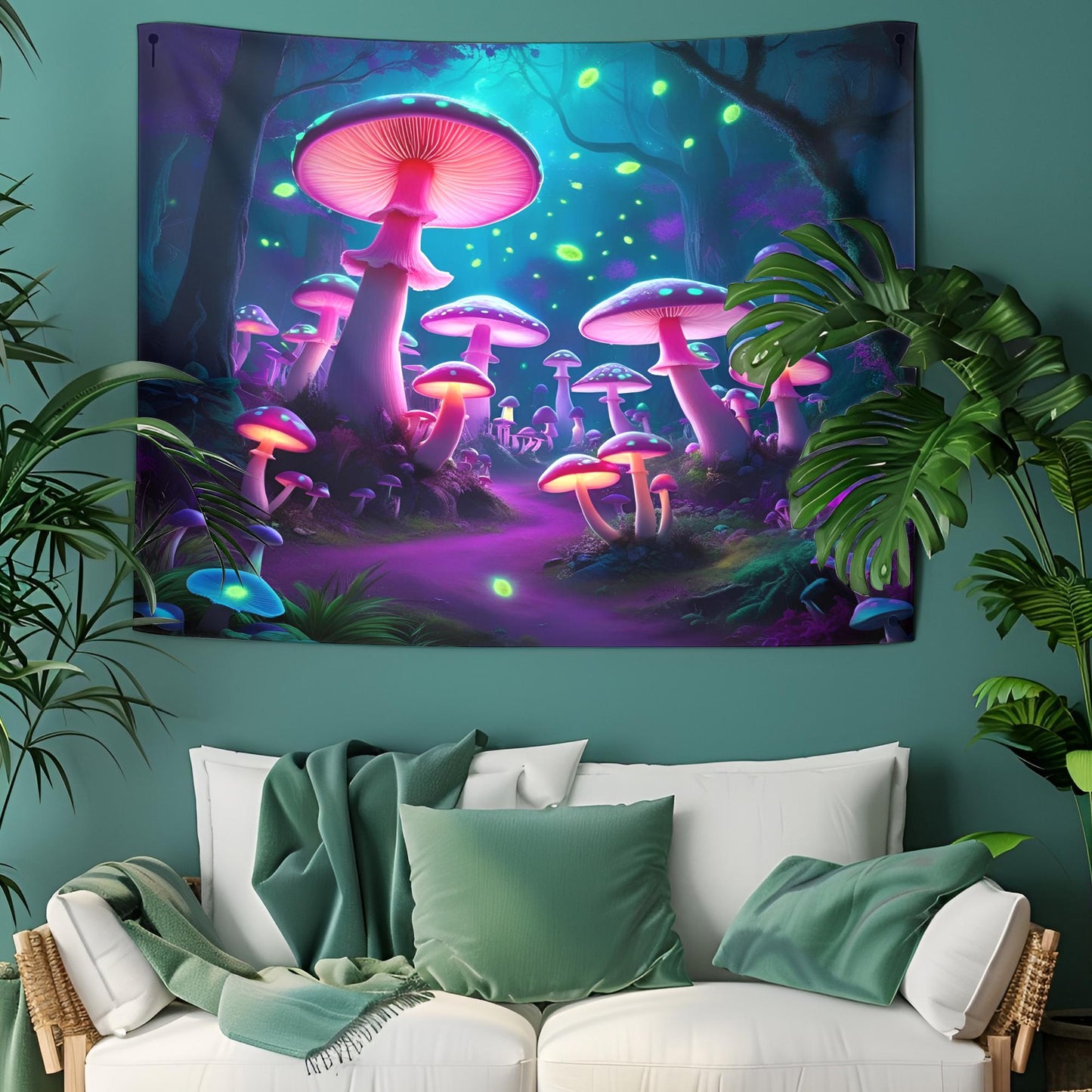 Bioluminescent Mushroom Forest Tapestry, Glowing Neon Spore Art, Fantasy Psychedelic Wall Hanging, Dreamy Purple Blue Green Decor,