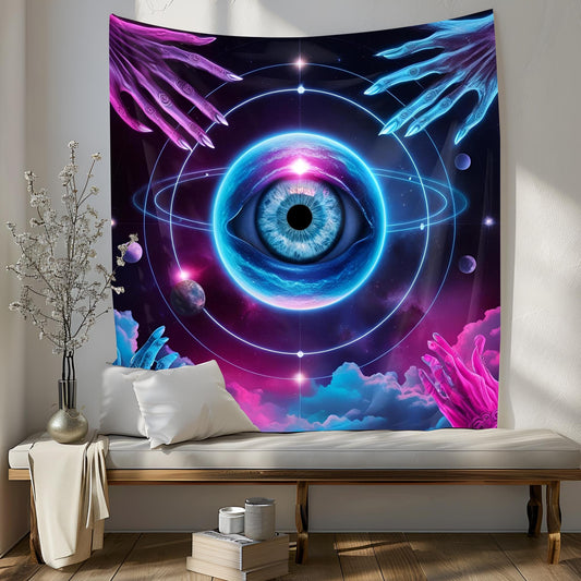 Celestial Eye Tapestry, Cosmic Vision Wall Art, Mystical Hands & Planetary Orbits, Neon Blue Pink Surreal Decor, Psychedelic Tapestry