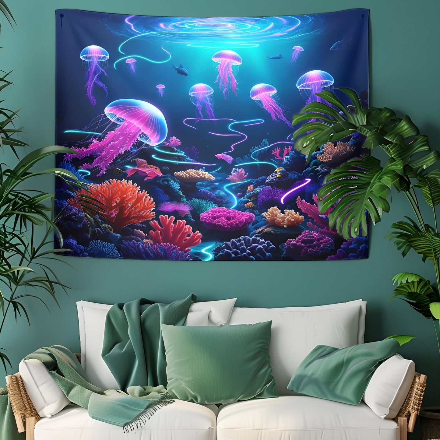 Psychedelic Underwater Tapestry, Glowing Coral Reefs, Bioluminescent Sea Creatures, Cosmic Jellyfish, Swirling Neon Light Ocean Art