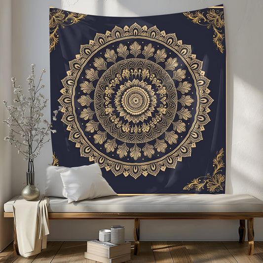 Centered Golden Mandala Tapestry, Intricate Floral & Geometric Details, Dark Navy Framed Symmetrical Design, Elegant Boho Wall Art