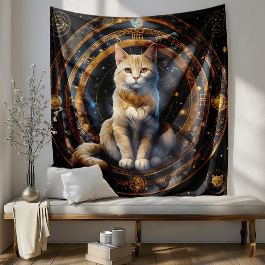 Zodiac Circle Cat Tapestry - Astrological Feline Wall Hanging - Celestial Cosmic Decor - Mystic Astrology Art - Witchy Home Decor