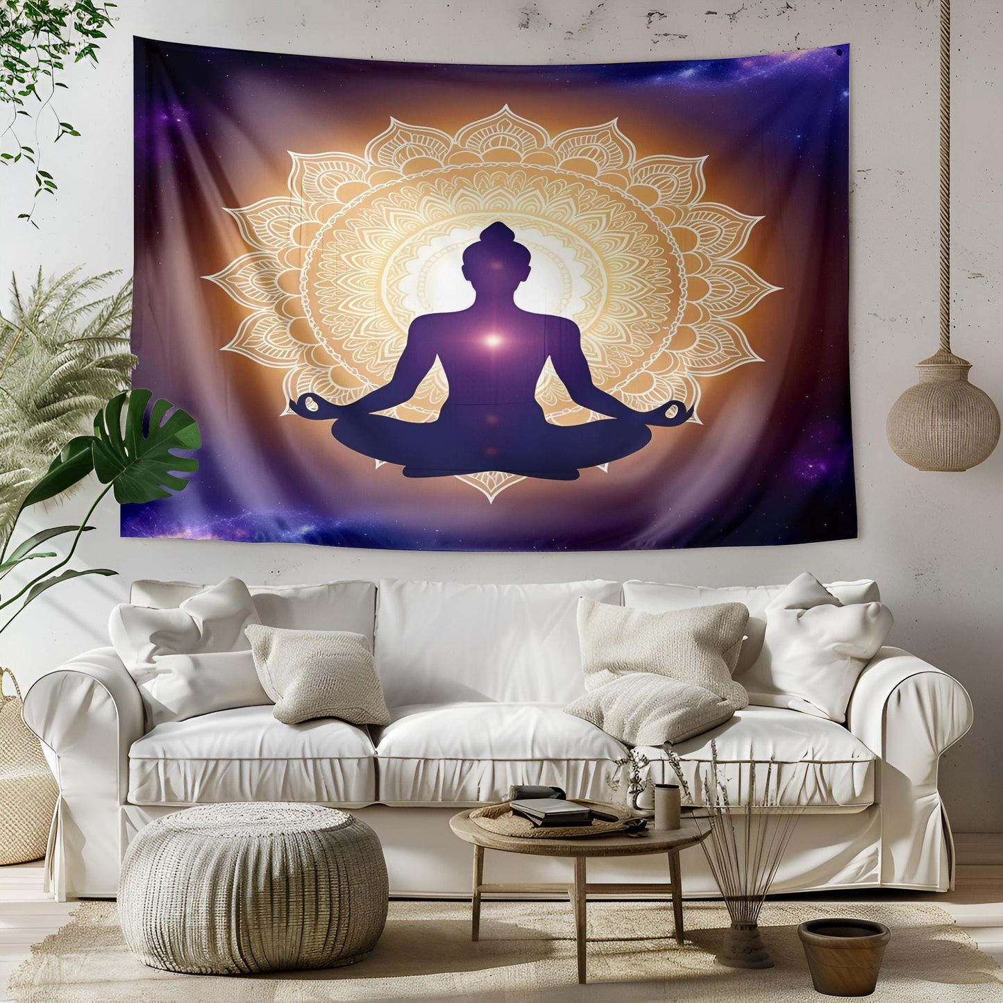 Meditating Silhouette Mandala Tapestry, Cosmic Gradient Wall Art, Indigo Violet Gold Decor, Spiritual Enlightenment Design