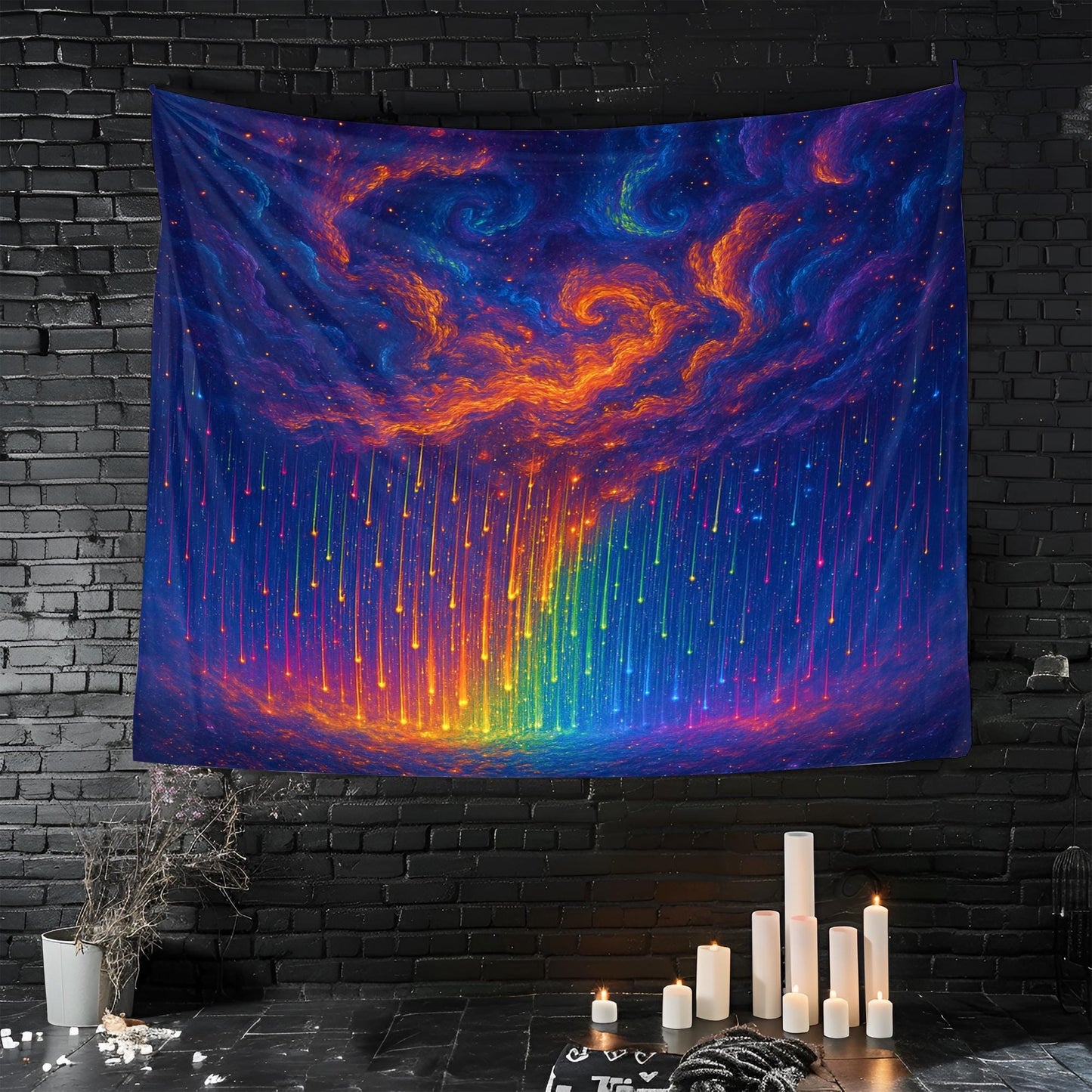 Cosmic Storm Tapestry with Glowing Rainbow Rain and Swirling Nebulae in a Surreal Dreamlike Atmosphere with Trippy Mesmerizing Effect