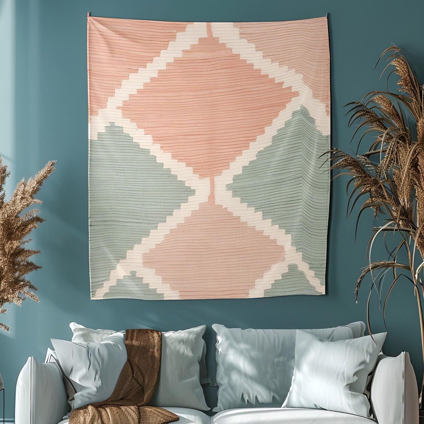 Contemporary Turkish Kilim Tapestry, Soft Pastel Wall Hanging, Peach Mint Green Beige Decor, Modern Anatolian Weave Design , Decor For Room