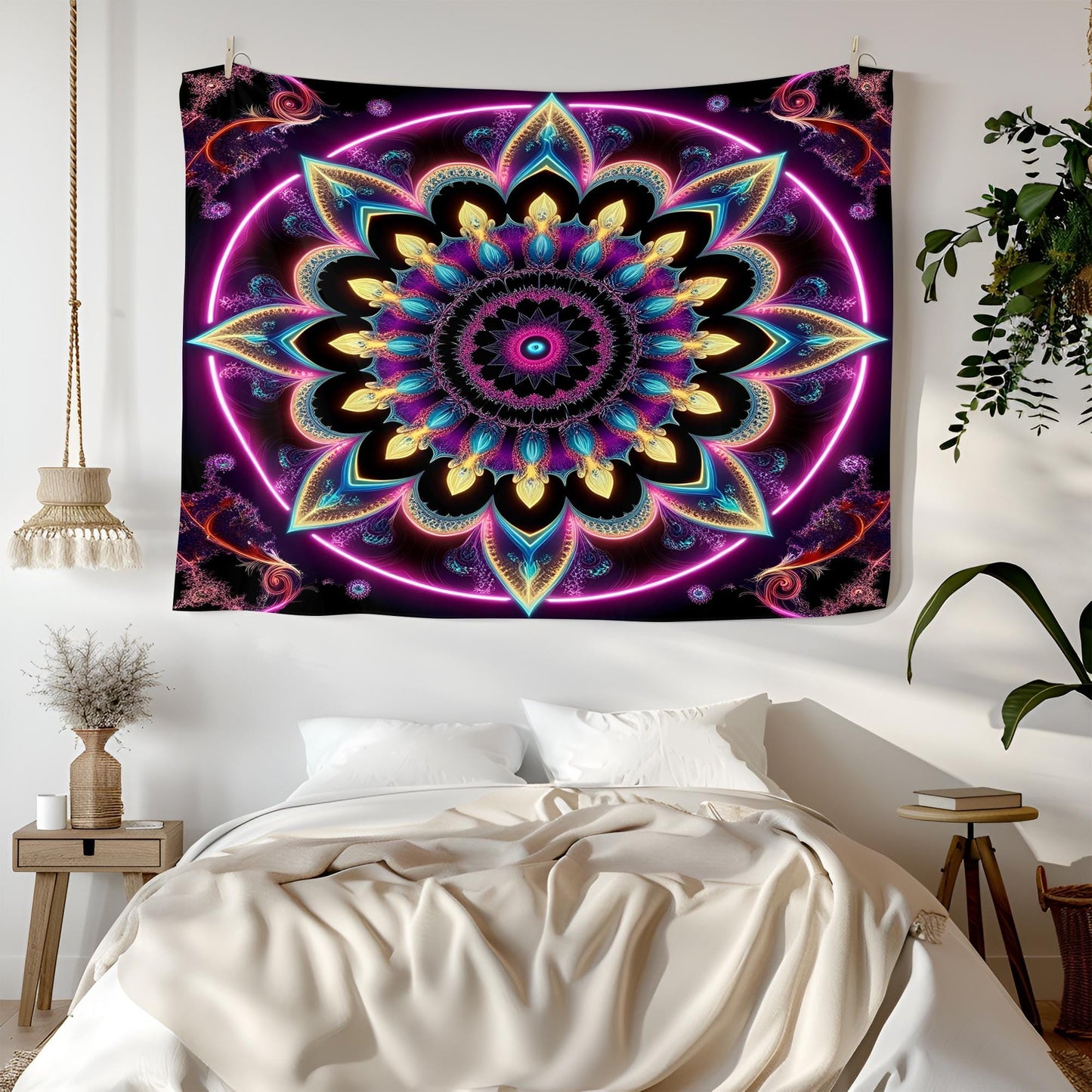 Psychedelic Fractal Mandala Tapestry, Neon Sacred Geometry Wall Art, Hypnotic Waves & Vibrant Patterns, Ultra HD Trippy Decor, Psychedelic