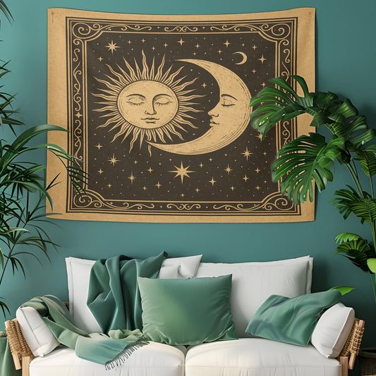 Vintage Celestial Sun and Moon Tapestry Wall Hanging – Boho Cosmic Wall Art with Stars and Retro Astrology-Inspired Space Design