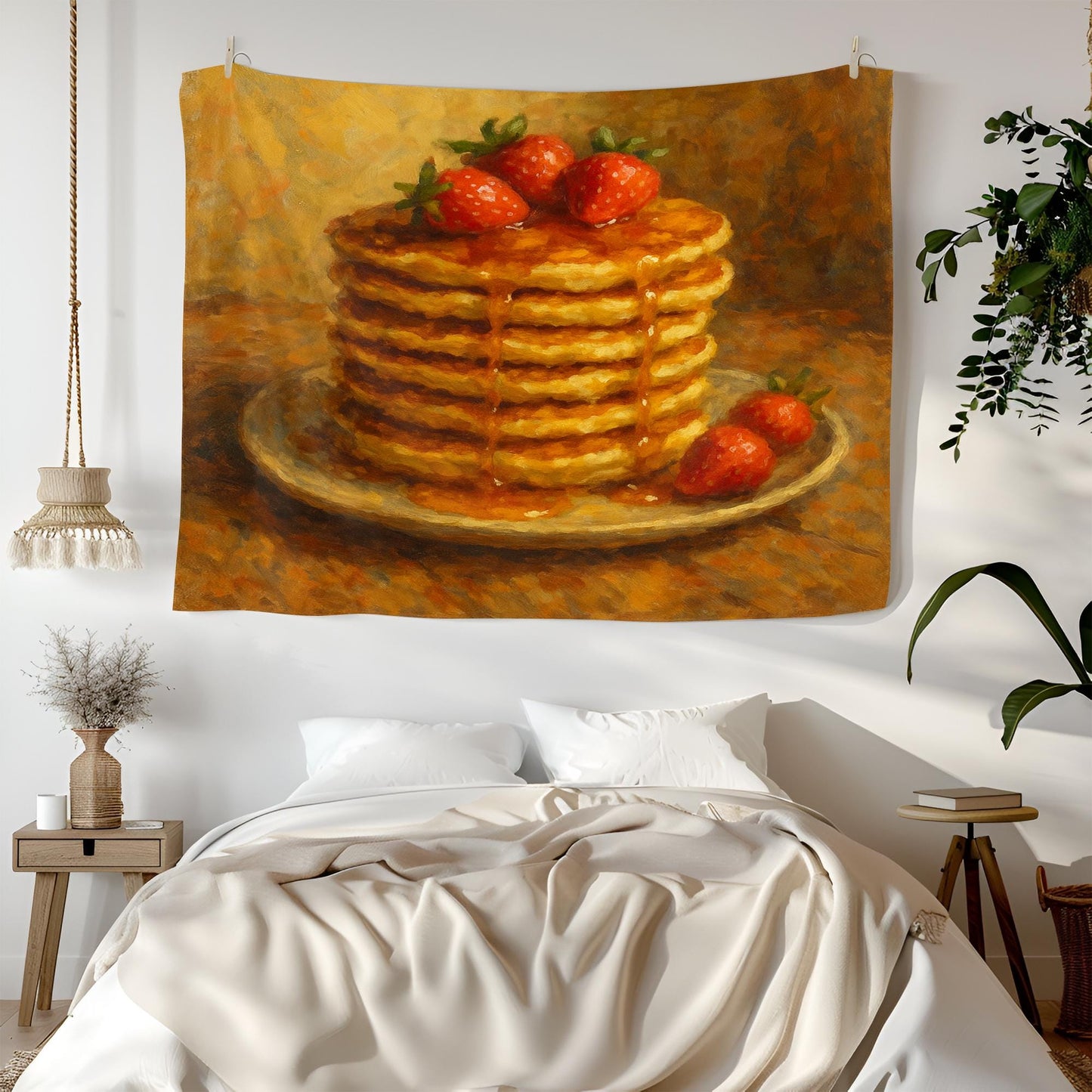 Pancake Stack Wall Tapestry with Strawberries and Syrup, Cozy Breakfast Food Art Print for Kitchen, Dining Room or Café Style Wall Decor