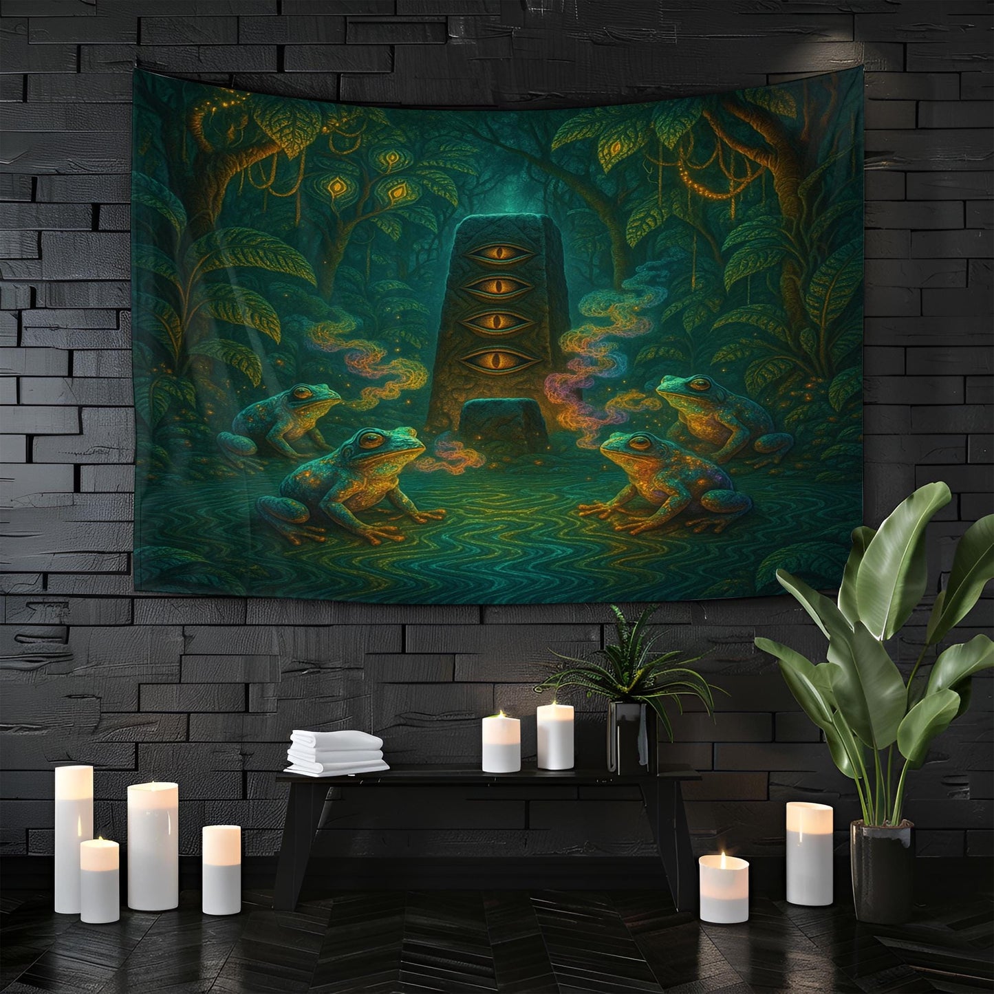 Psychedelic Frog Tapestry – Visionary Jungle Wall Art, Trippy Eye Monolith Decor, Shamanic Nature Scene, Spiritual Animal Print