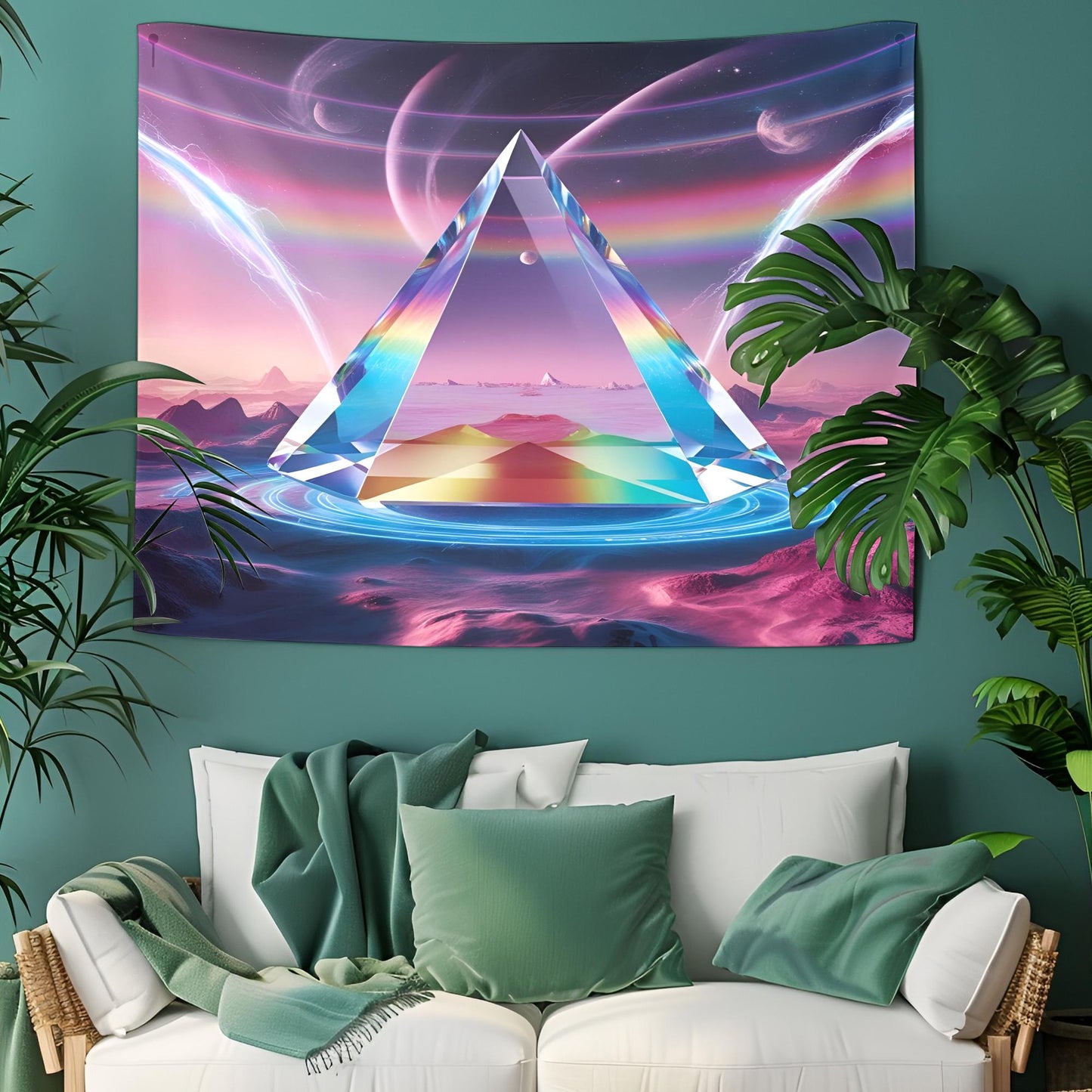 Giant Transparent Crystal Prism Tapestry, Floating in Surreal Dreamscape, Refracting Rainbow Light & Cosmic Energy Waves, Neon Psychedelic