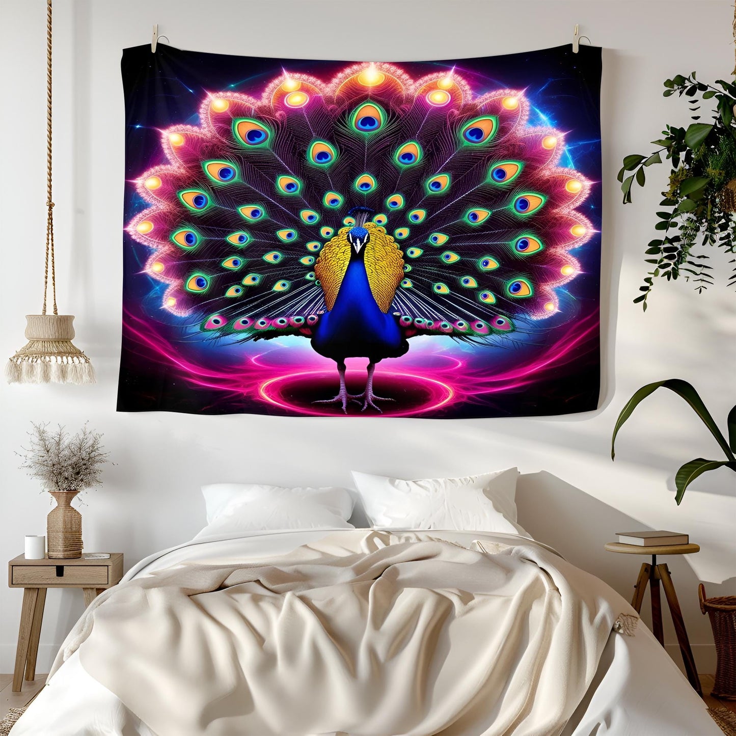Majestic Neon Peacock Tapestry, Swirling Fractal Tail,Glowing Rainbow Eyes, Cosmic Aura & Psychedelic Color Explosion, Ultra-Detailed Art