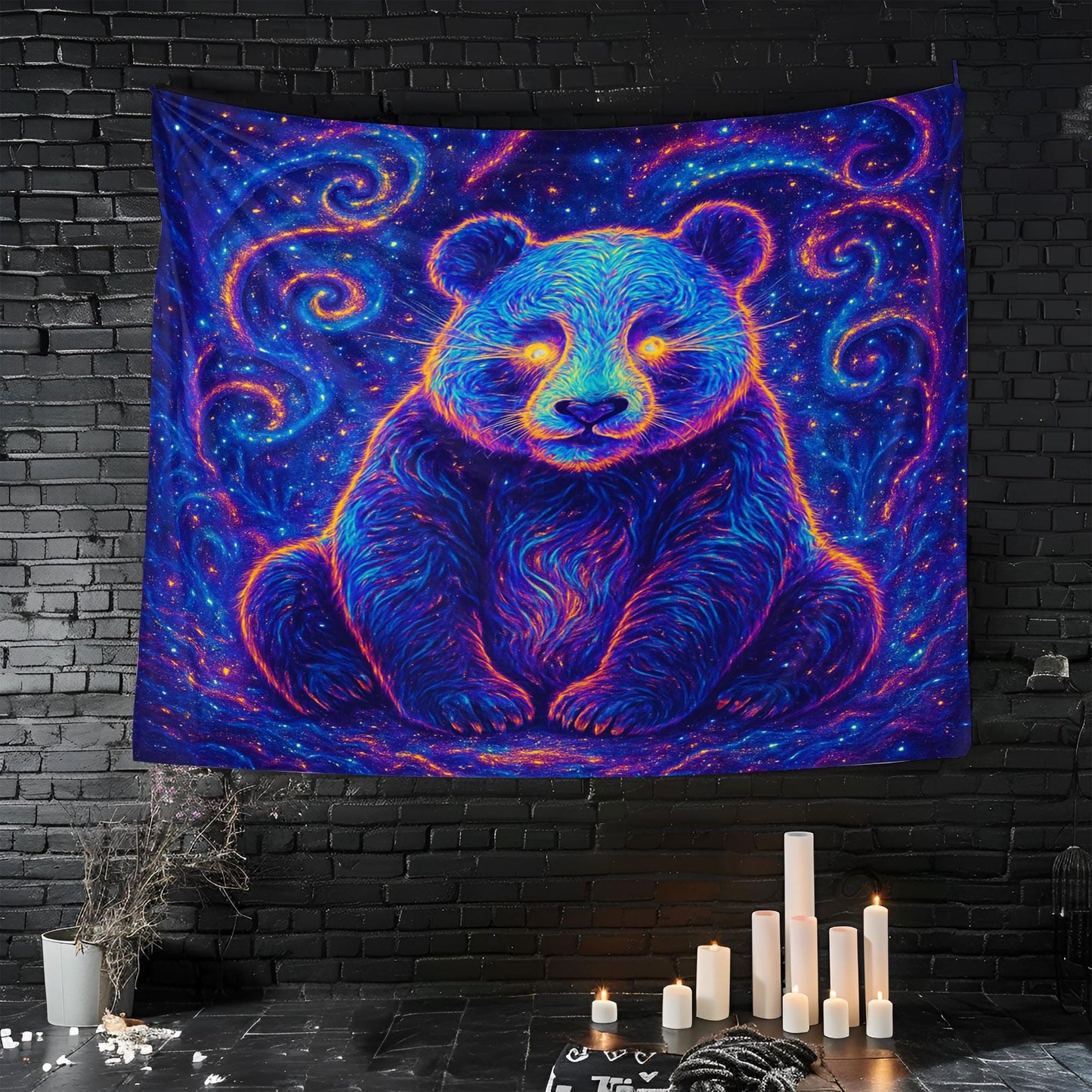 Glowing Neon Panda Sitting in Cosmic Forest Surrounded by Galaxy Fragments with Radiant Eyes in Surreal Psychedelic Aesthetic Tapestry
