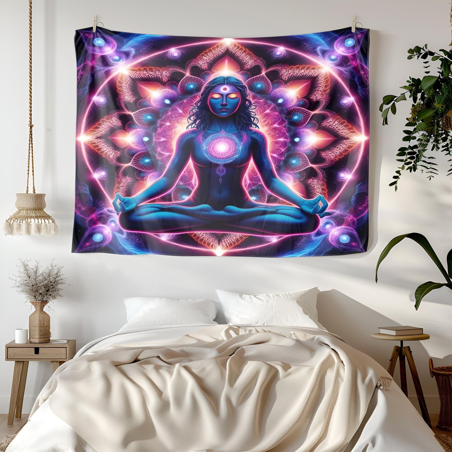 Psychedelic Meditating Figure Tapestry, Neon Fractal Cosmic Wall Art, Third Eye Awakening, Vibrant Mandala Visionary Decor, Psychedelic