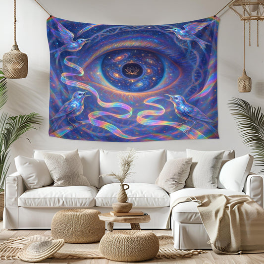 Cosmic Eye Tapestry – Trippy Bird and Galaxy Wall Art, Third Eye Vision Decor, Psychedelic Surreal Scene, Spiritual DNA Energy Art, Lotus