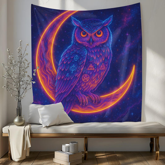 Neon Owl On Crescent Moon Tapestry, Color Shifting Feathers With Sacred Symbols, Celestial Cosmic Wall Art, Trippy Gift For Her Or Him