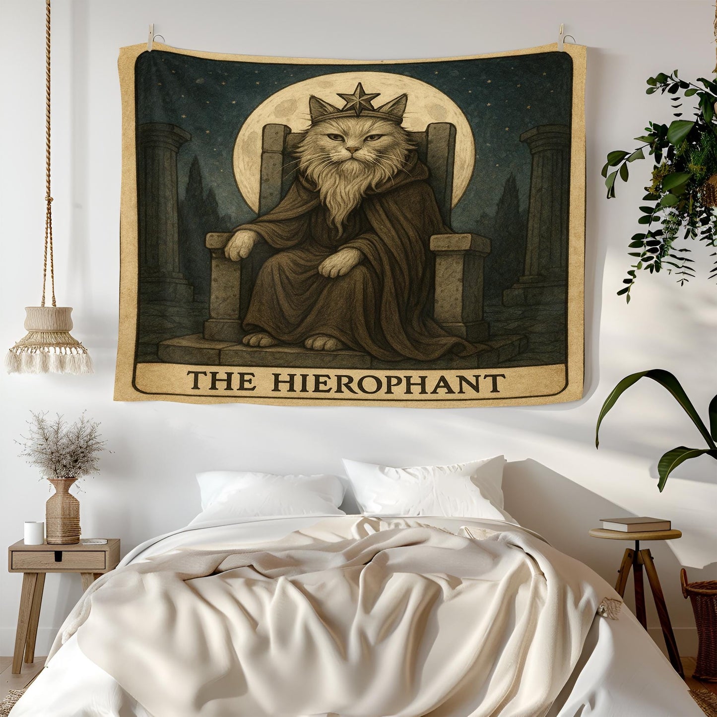 The Hierophant Cat Tapestry – Tarot Priest Cat Wall Art, Mystical Occult Decor, Gothic Spiritual Tapestry for Bedroom or Altar Space