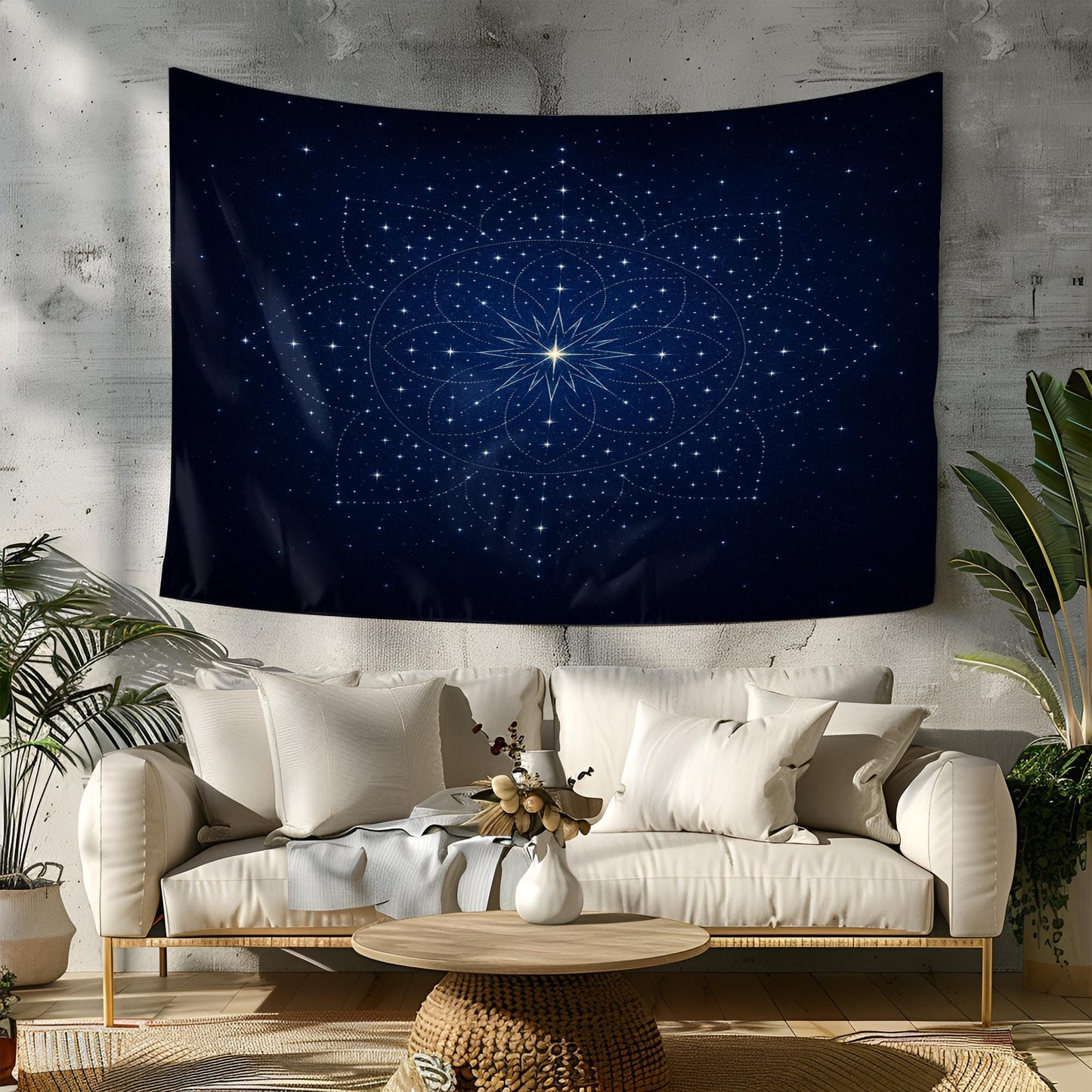 Mystical Star Mandala Wall Tapestry with Cosmic Night Sky Design – Deep Blue Celestial Wall Art for Spiritual Meditation or Boho Décor