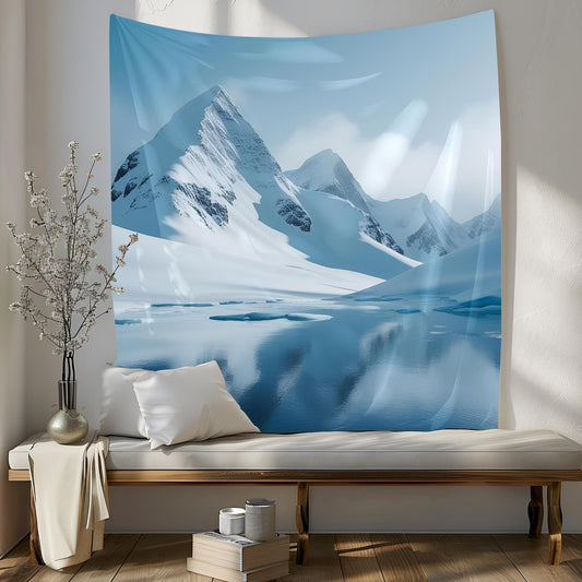 Snow-Covered Mountain Peaks Tapestry, Cool Blue Tones with Misty Softened Edges, Icy Reflections, Minimalist & Stylized Landscape Art