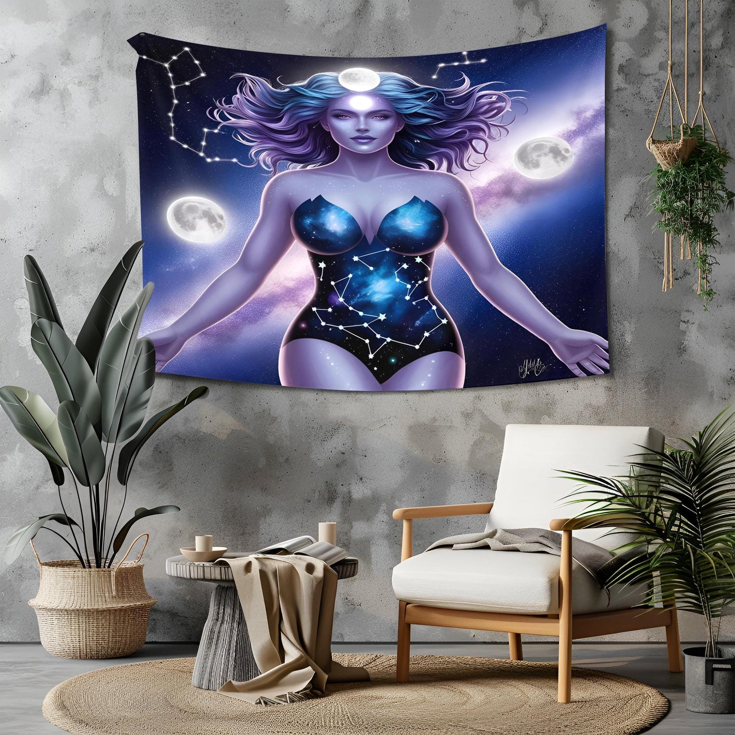 Cosmic Goddess Tapestry Full-Frame Design, Hair Blending into Galaxy, Constellations, Glowing Moons, Indigo Lavender Stardust Fantasy Art