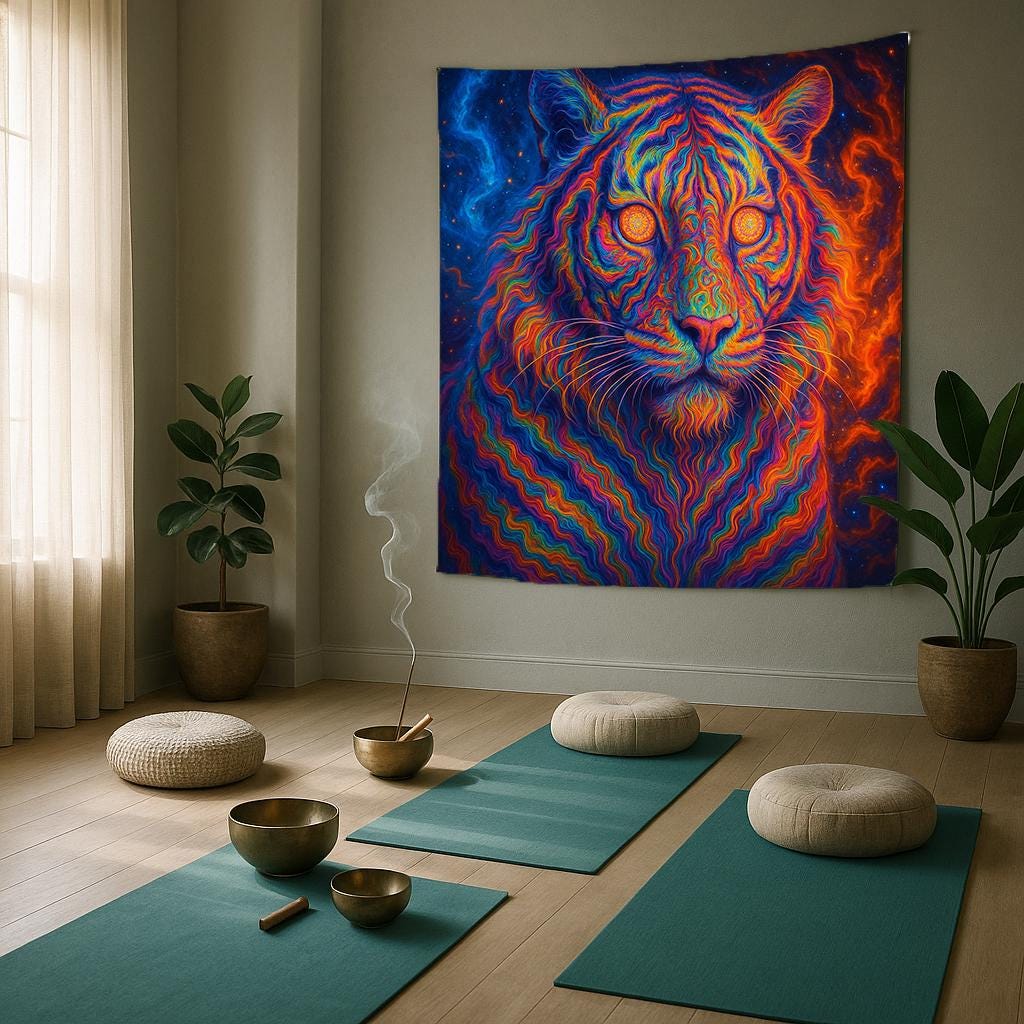 Psychedelic Tiger Tapestry, Trippy Neon Wall Art, Vibrant Jungle Decor, Boho Dorm Room Hanging, Cosmic Big Cat Gift, Festival Vibes