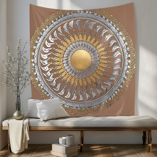 Mesmerizing Spiral Mandala Tapestry, Gold & Silver Accents, Perfectly Proportioned Radiating Design, Elegant Framed Geometric Wall Art