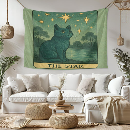 The Star Cat Tapestry – Celestial Tarot Wall Art, Mystical Cat Tapestry for Boho, Spiritual or Dorm Room Decor, Tarot Cat Tapestry