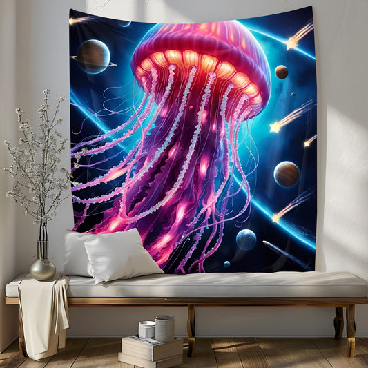 Bioluminescent Space Jellyfish Tapestry, Glowing Tentacles & Cosmic Patterns, Psychedelic Neon Galaxy Wall Art, Trippy Tapestries