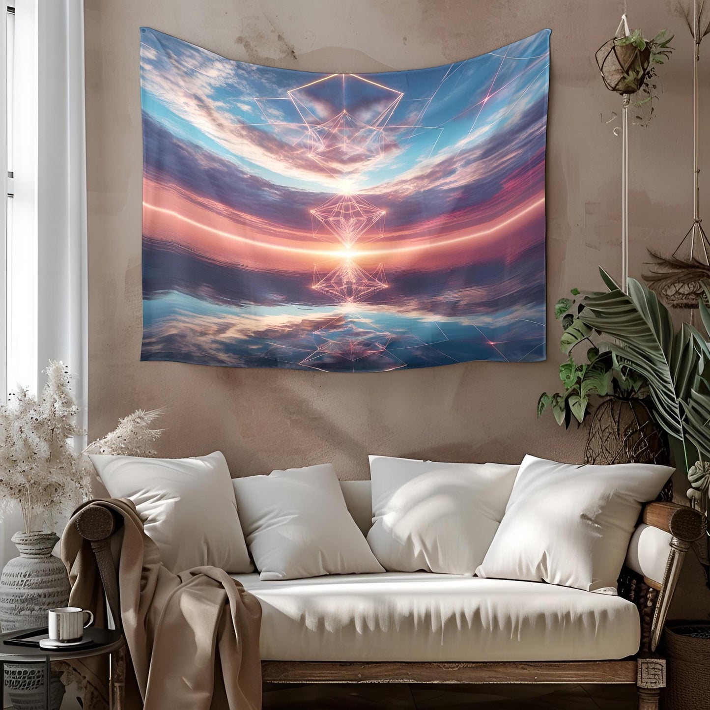 Dreamlike Surreal Ocean Sky Tapestry, Glowing Geometric Patterns, Infinite Reflections of Light & Color, Hypnotic Psychedelic Trippy Art