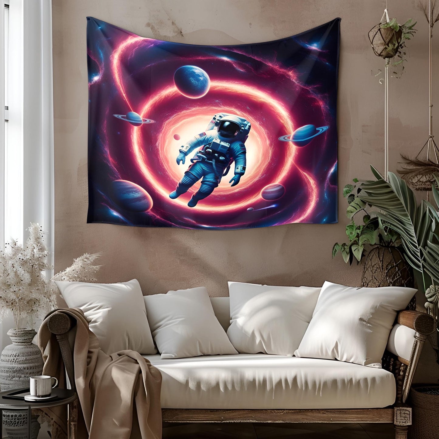 Psychedelic Astronaut Tapestry, Cosmic Vortex Wall Art, Swirling Neon Galaxies & Fractal Planets, Surreal Space Travel Decor , Trippy Decor