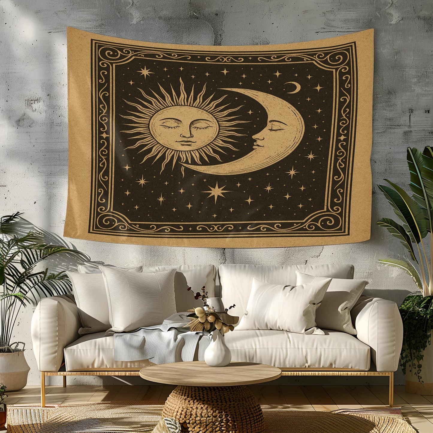 Vintage Celestial Sun and Moon Tapestry Wall Hanging – Boho Cosmic Wall Art with Stars and Retro Astrology-Inspired Space Design