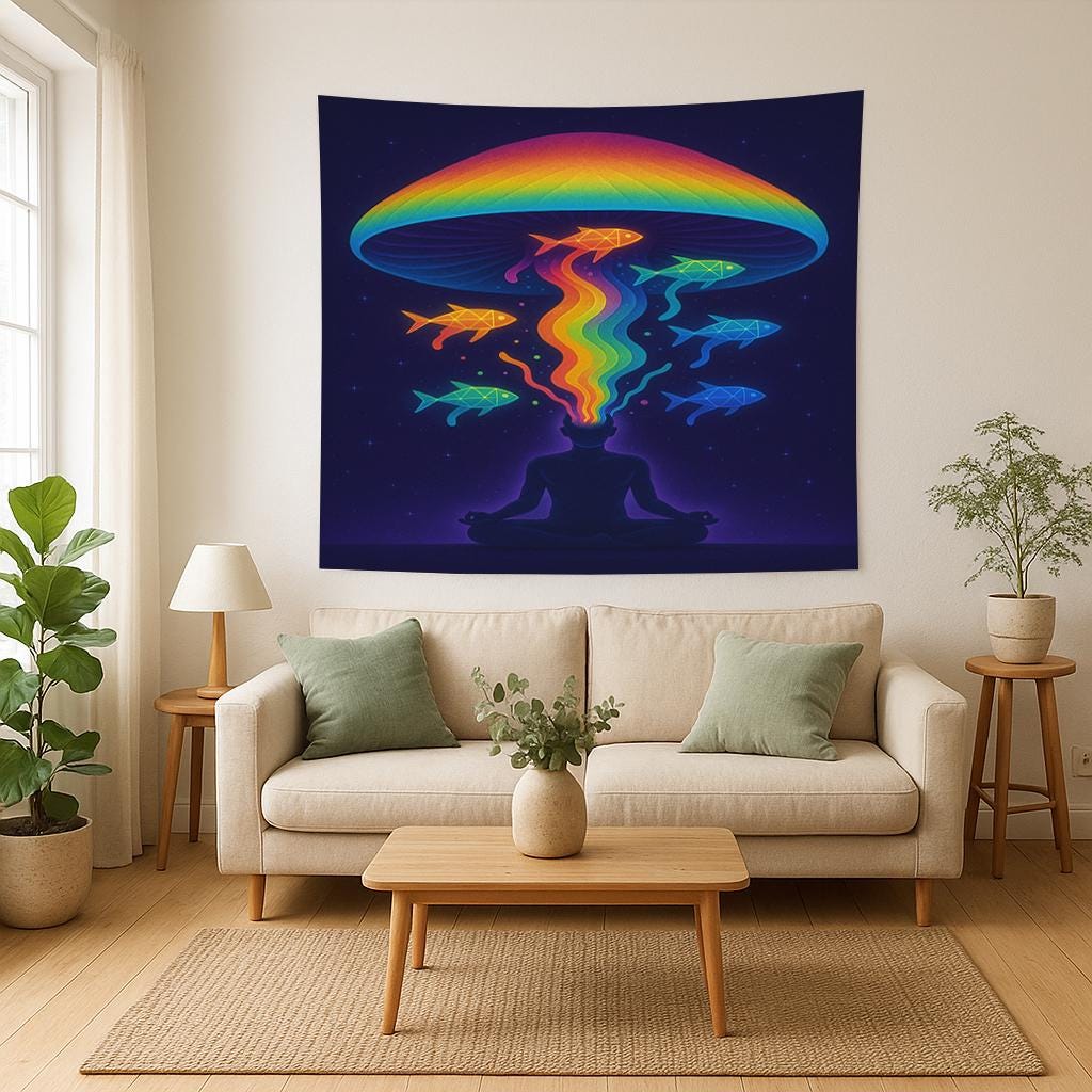 Psychedelic Meditation Tapestry, Rainbow Mind Art, Trippy Wall Decor, Spiritual Room Accent, Boho Visionary Print, Zen Fish Banner