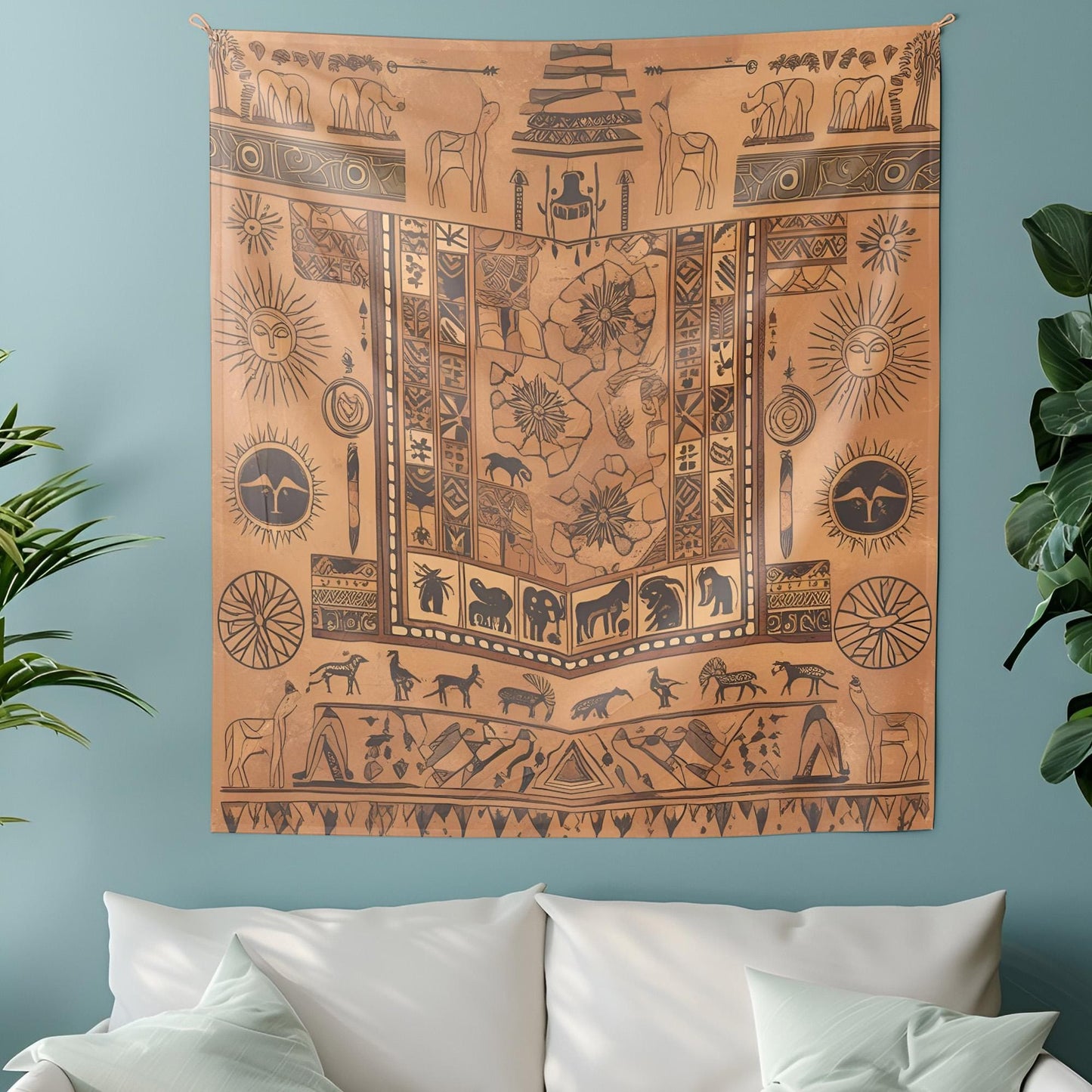 Mystical Tapestry, Ancient Stone Carving Wall Hanging, Sacred Geometric Design, Earthy Sand Tones Decor, Monument Tapestry , Gift for room