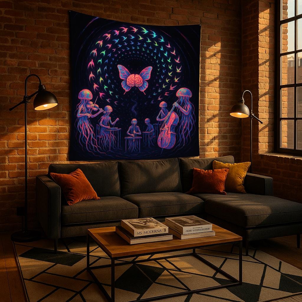 Psychedelic Music Tapestry – Jellyfish Orchestra Wall Art, Brain Butterfly Decor, Trippy Band Scene, Surreal Music Lover Gift