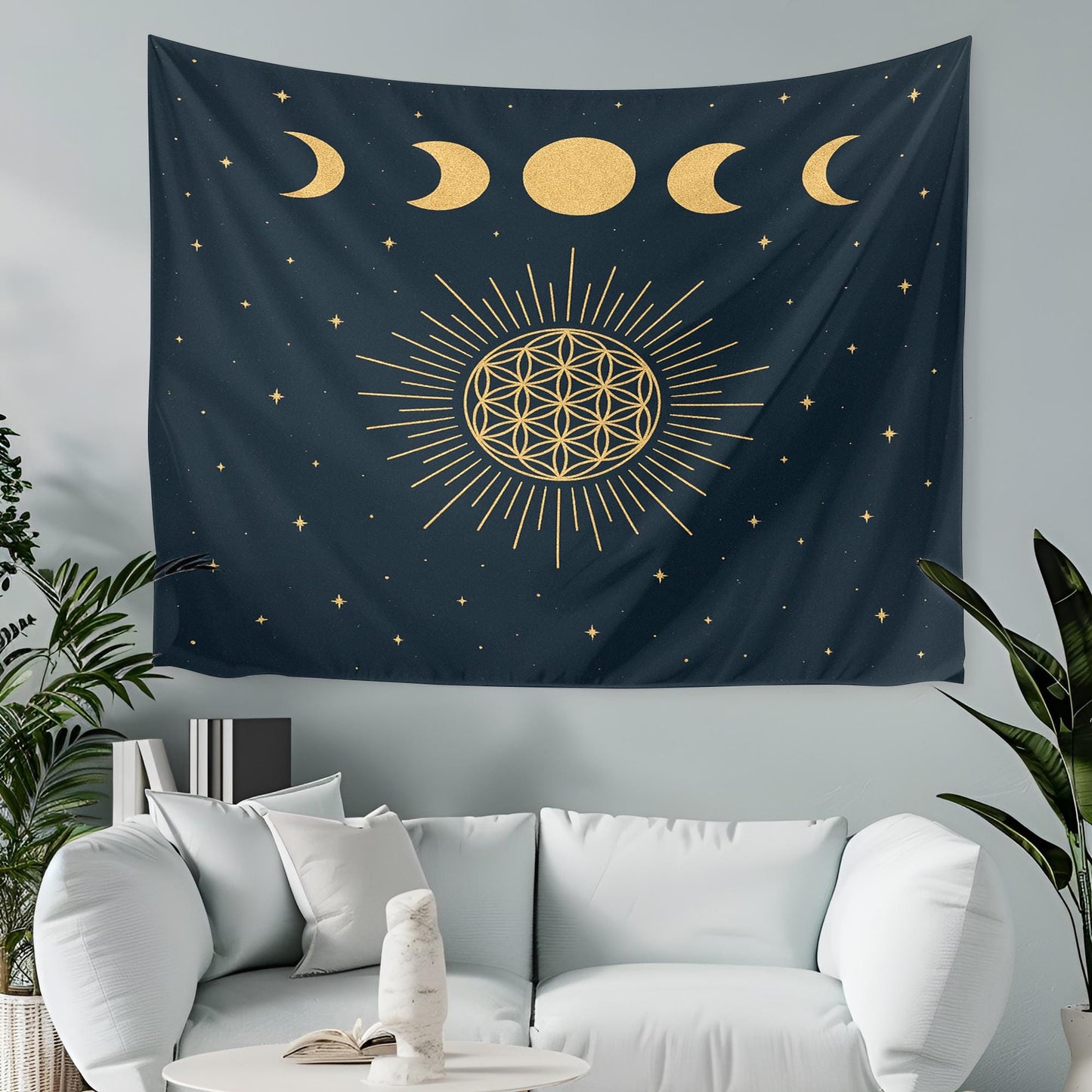 Celestial Moon Phase Wall Tapestry with Sacred Geometry and Stars in Gold on Black – Boho Spiritual Decor for Bedroom Yoga or Meditation