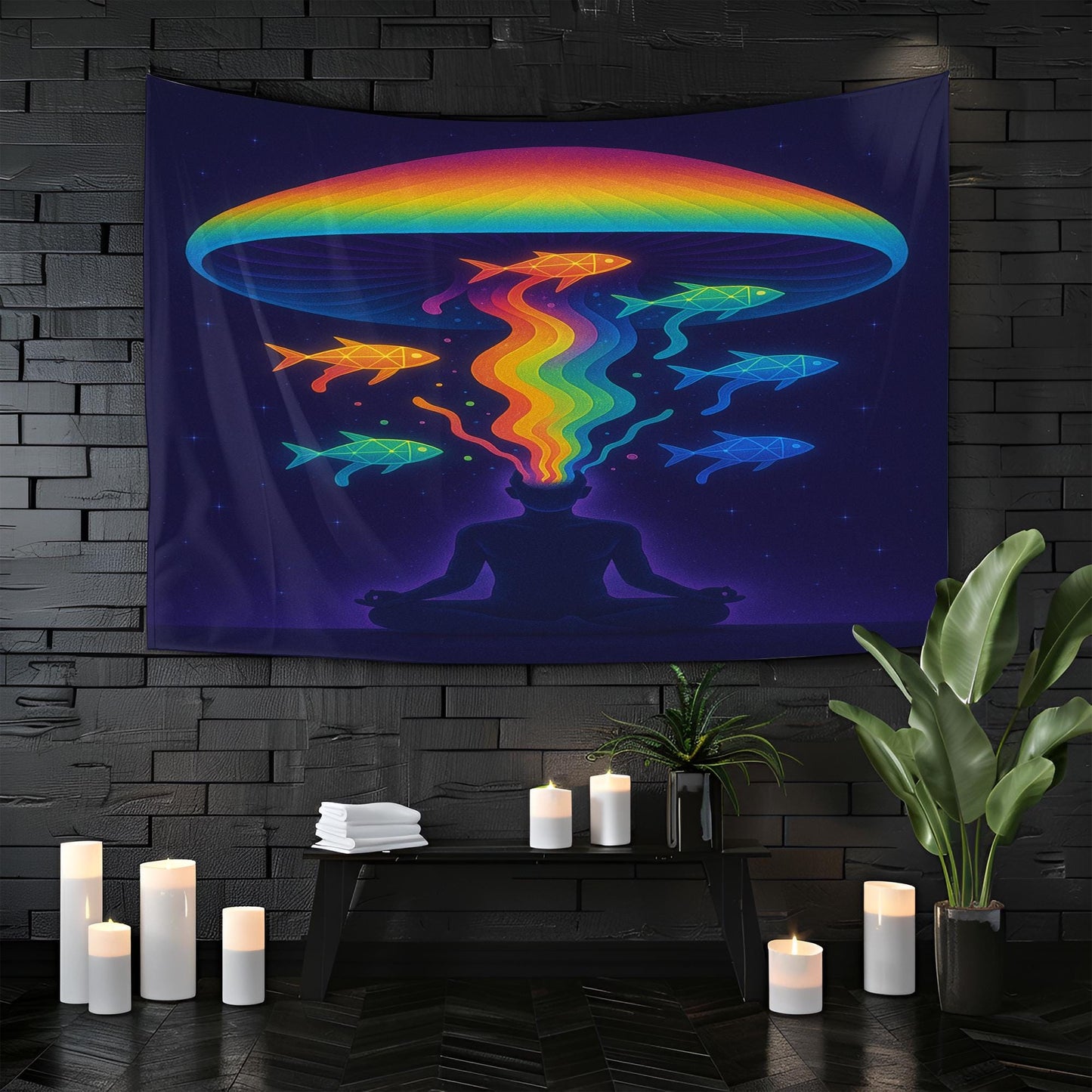 Psychedelic Meditation Tapestry, Rainbow Mind Art, Trippy Wall Decor, Spiritual Room Accent, Boho Visionary Print, Zen Fish Banner