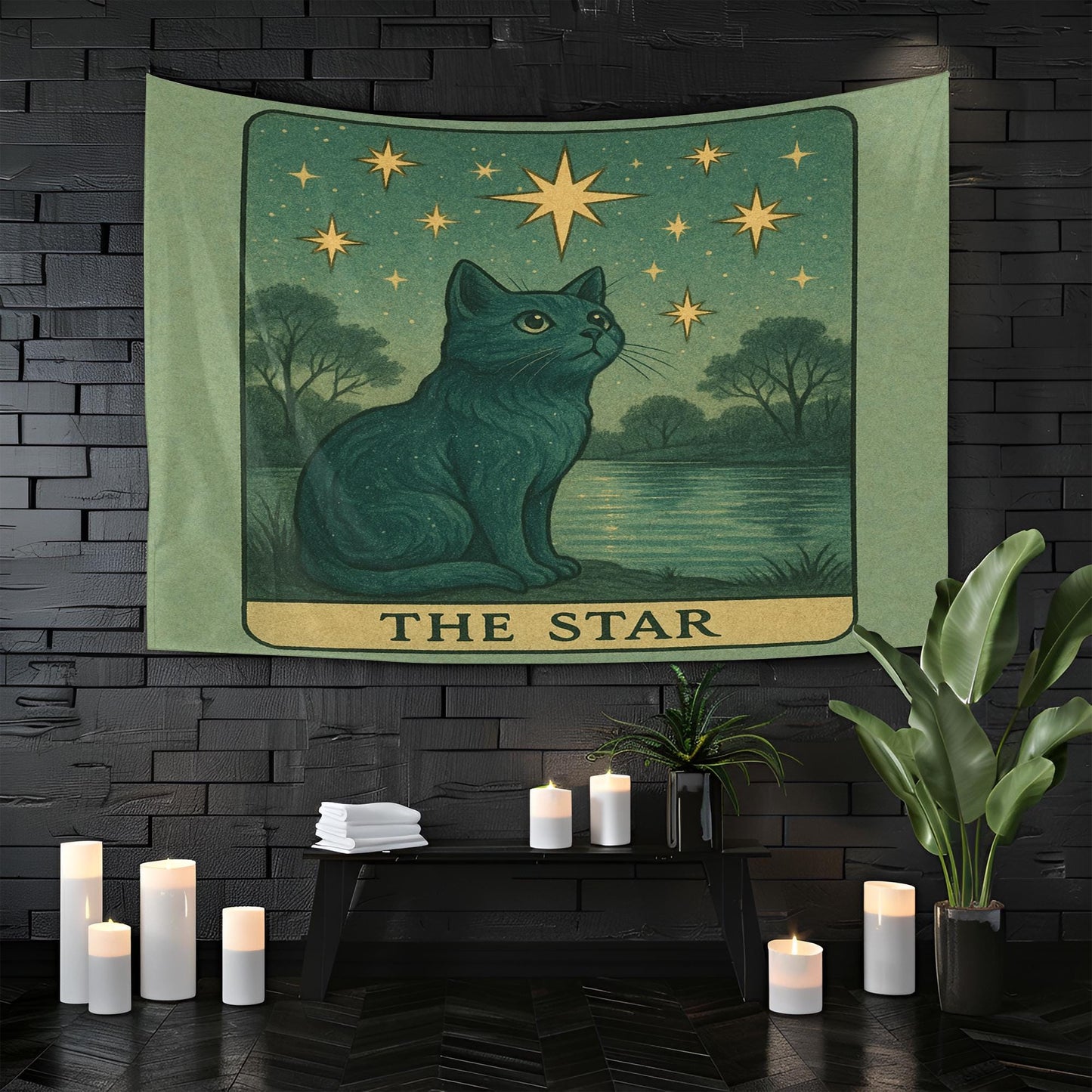 The Star Cat Tapestry – Celestial Tarot Wall Art, Mystical Cat Tapestry for Boho, Spiritual or Dorm Room Decor, Tarot Cat Tapestry