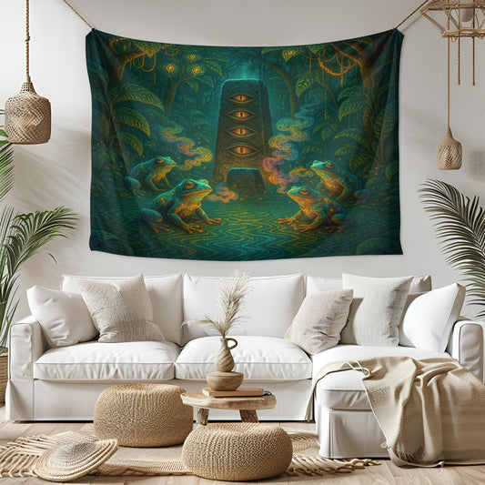 Psychedelic Frog Tapestry – Visionary Jungle Wall Art, Trippy Eye Monolith Decor, Shamanic Nature Scene, Spiritual Animal Print