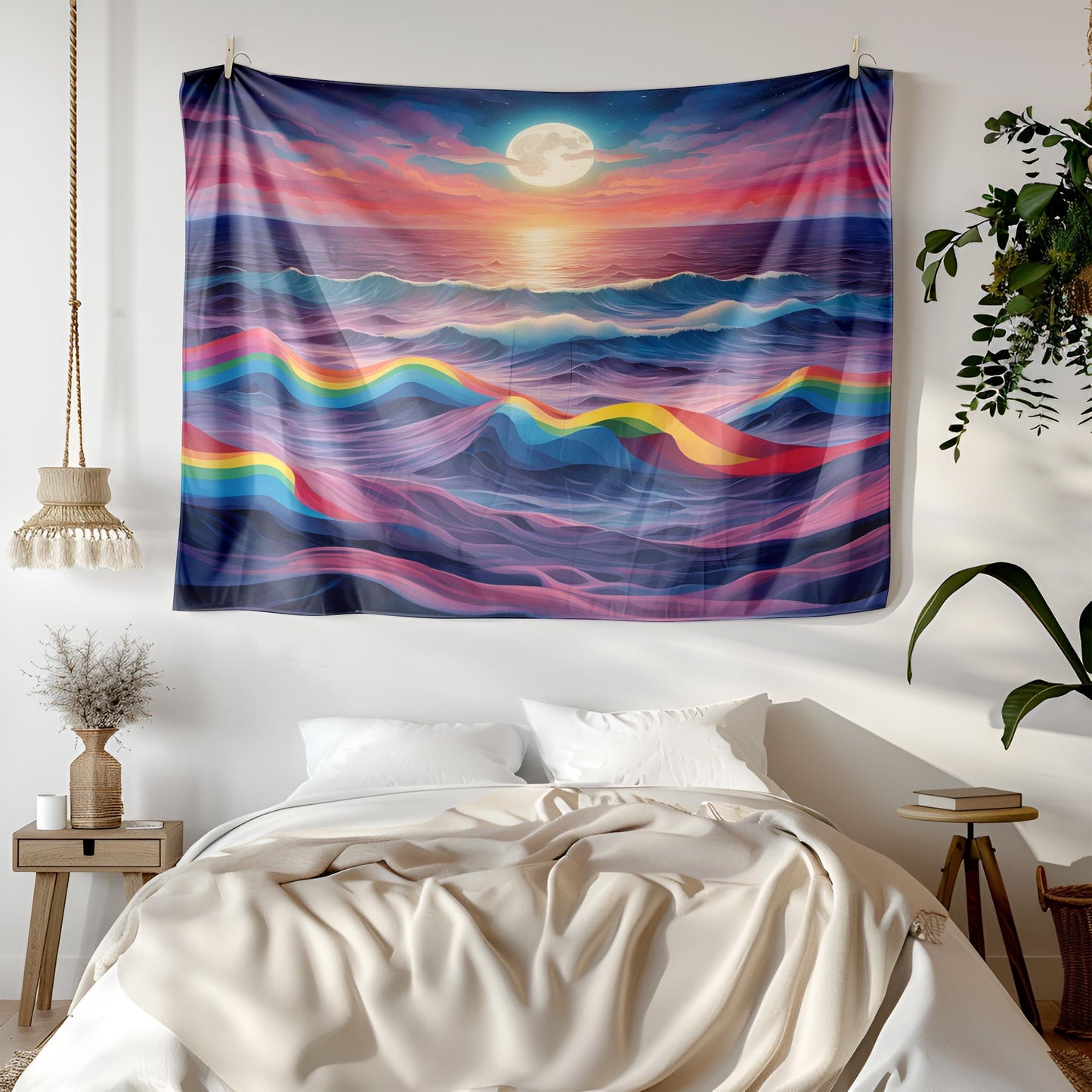 Surreal Rainbow Ocean Tapestry - LGBT Pride Wall Hanging - Dreamy Moonlit Sea Waves - Colorful Aesthetic Room Decor - LGBT Gift