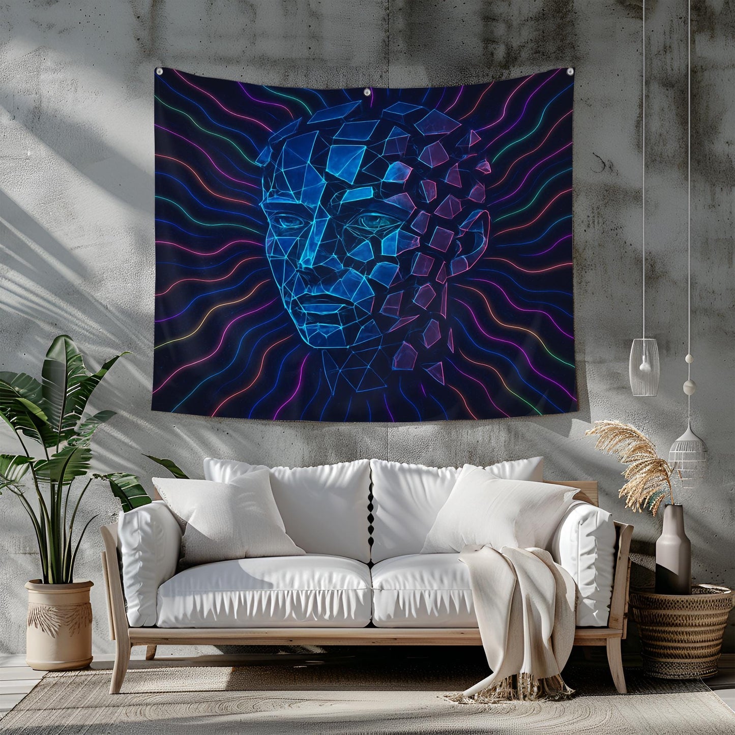 Fractured Face Psychedelic Tapestry Wall Art, Trippy Neon Head Wall Hanging, Futuristic Room Decor Gift For Him Or Her, Dorm Aesthetic