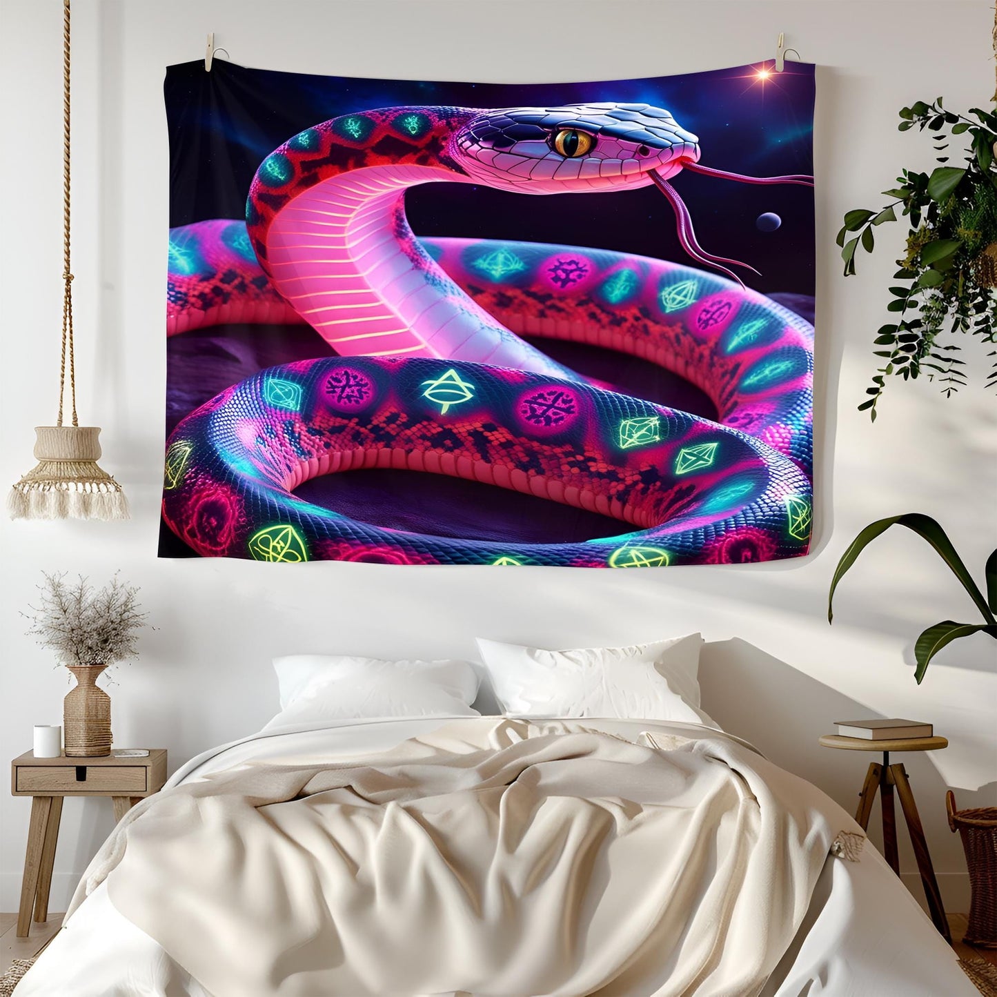 Psychedelic Neon Snake Tapestry, Shifting Fractal Patterns & Sacred Symbols, Cosmic Serpent Wall Art, Glowing Trippy Decor, Tapestry Trippy