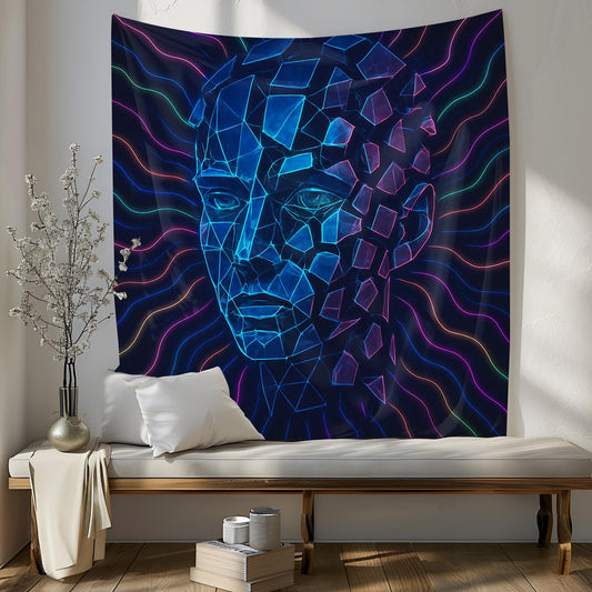 Fractured Face Psychedelic Tapestry Wall Art, Trippy Neon Head Wall Hanging, Futuristic Room Decor Gift For Him Or Her, Dorm Aesthetic