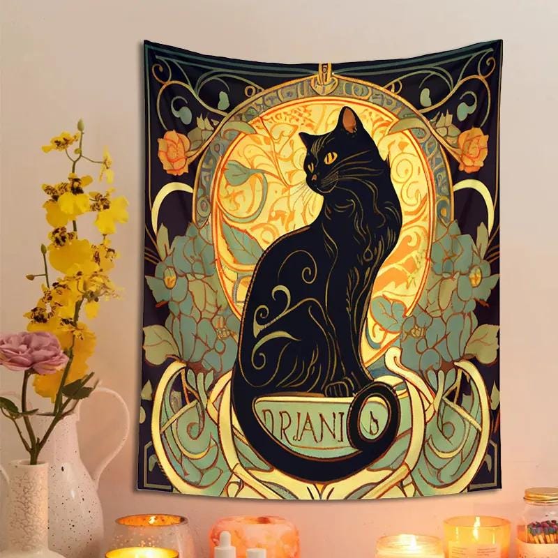 Psychedelic Black Cat Tapestry Wall Hanging with Rose and Sunbeam, Art Nouveau Floral Wall Art for Cat Lovers, Animal Themed Home Decor Gift
