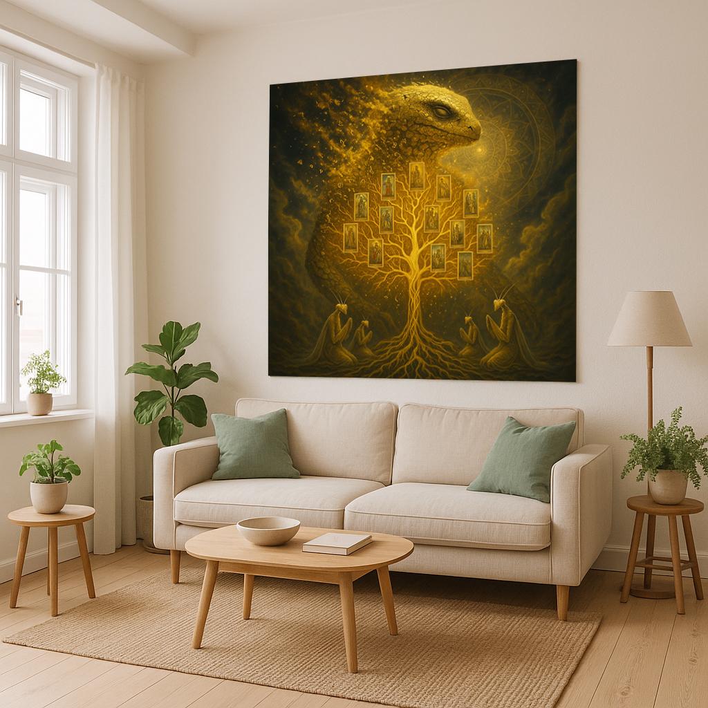 Golden Tree Tapestry – Visionary Reptilian Wall Art, Fantasy Ancestral Tree Decor, Psychedelic Alien Gods Tapestry, Spiritual Dream Art