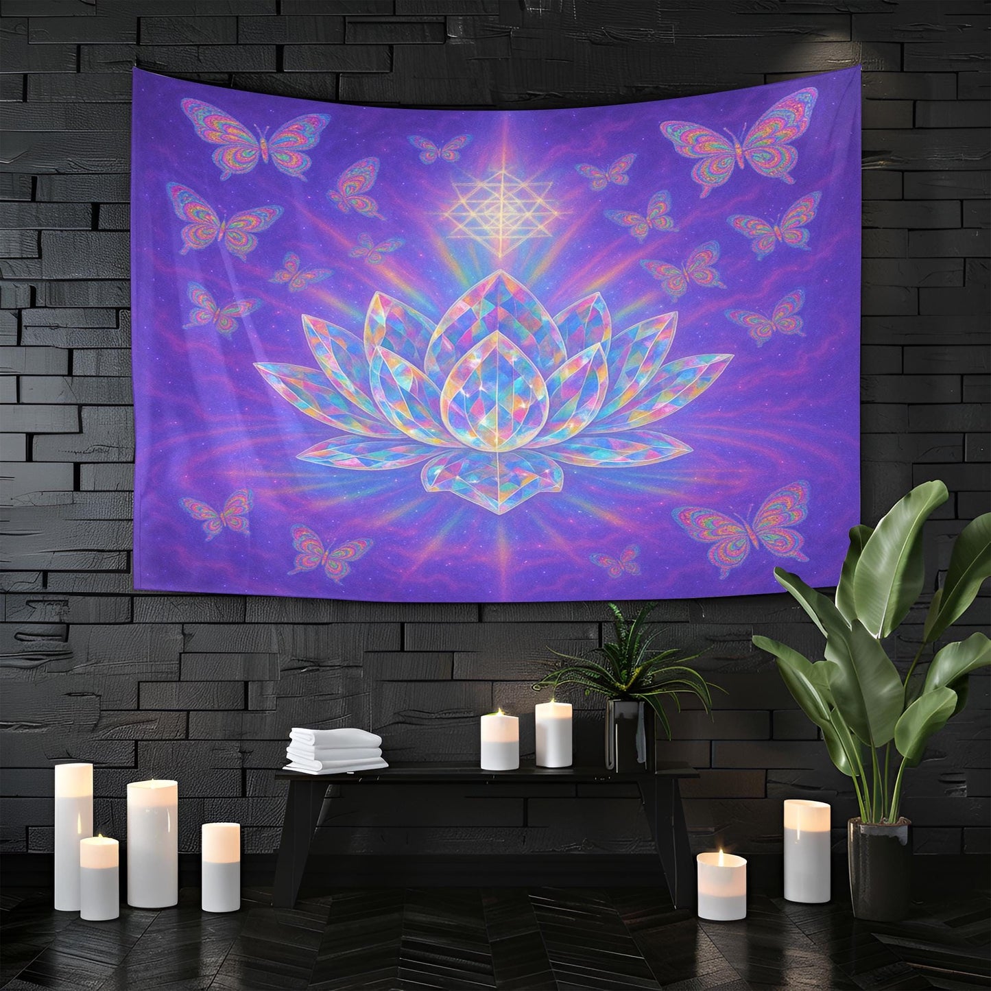 Crystal Lotus Tapestry, Spiritual Butterfly Wall Art, Pink Purple Boho Decor, Meditation Yoga Room Hanging, Sacred Geometry Gift