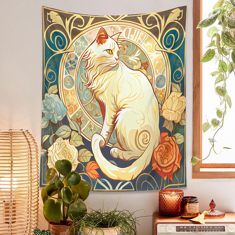 Psychedelic Black Cat Tapestry Wall Hanging with Rose and Sunbeam, Art Nouveau Floral Wall Art for Cat Lovers, Animal Themed Home Decor Gift