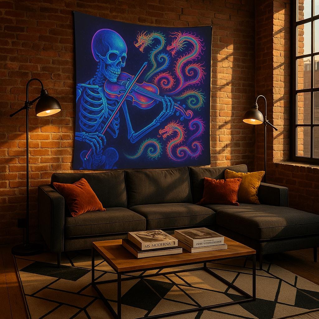 Skeleton Violin Tapestry, Psychedelic Gothic Wall Art, Trippy Neon Room Decor, Dark Boho Skeleton Print, Unique Gift for Musicians