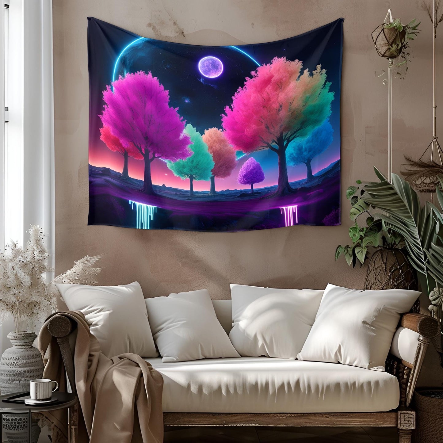 Surreal Nighttime Landscape Tapestry, Glowing Neon Rainbow Trees Floating in Cosmic Sky with Dripping Neon Light, Deep Dreamy Vibe